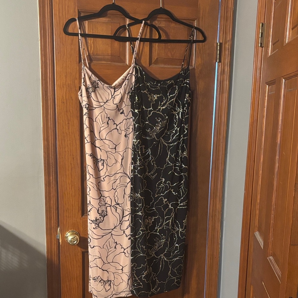 Fashion Nova Black and Cream Floral Midi Dresses